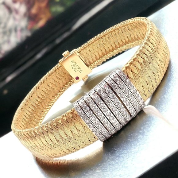 Authentic! Roberto Coin 18k Yellow Gold 9 Row Diamond Silk Weave Bracelet - Picture 7 of 16